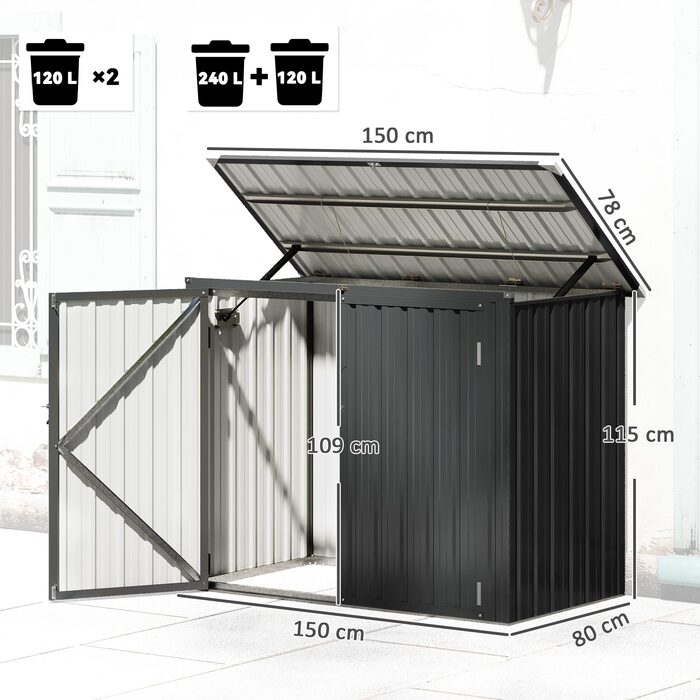 Ящик для сміттєвих баків на 2 баки із замком, прихований контейнер для сміття з відкидною кришкою, темно-сірий