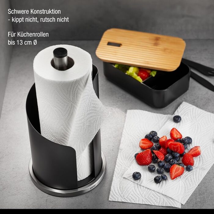 Тримач для паперових рушників GEFU Curve, чорний матовий stainless steel, стійка основа, для рулонів до 13 см, висота 30 см