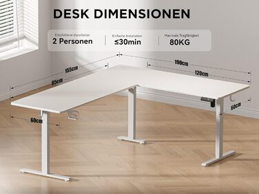 Електричний кутовий стіл L-подібної форми, 190 x 150 см. Регулювання висоти, стіл для офісу, ігровий стіл з керуванням кабелями, білий.