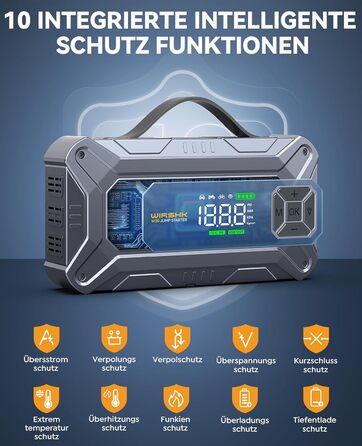 Портативний пусковий пристрій 8000A з повітряним компресором 160 PSI для бензинових та дизельних двигунів (до 10л), з дисплеєм та аварійною світлодіодною лампою