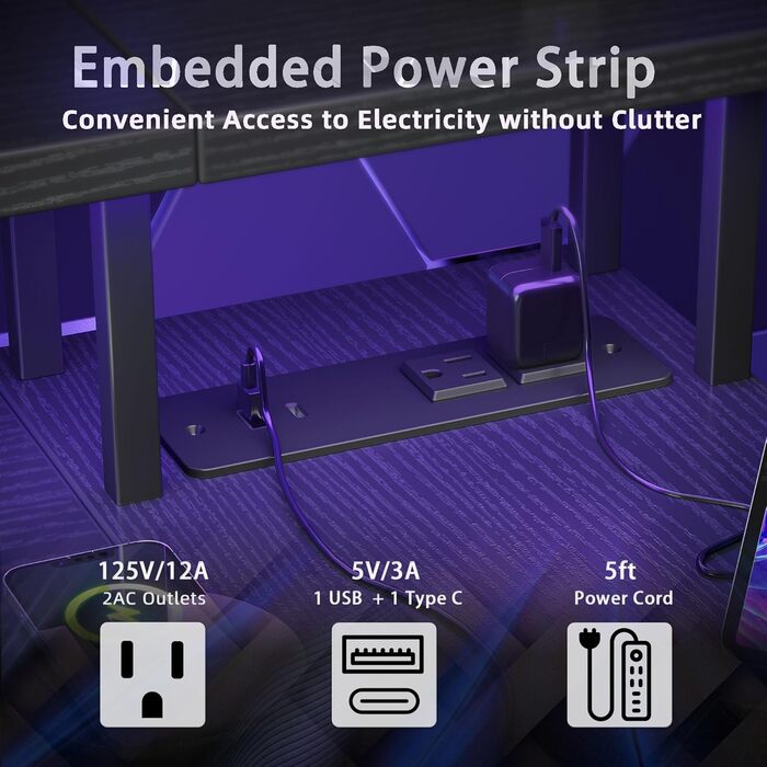 Комп'ютерний кутовий стіл BEXEVUE з розеткою та LED-підсвіткою, 120x70 см. Ергономічний кутовий стіл з полицями, регульований, для роботи та ігор, чорний колір.