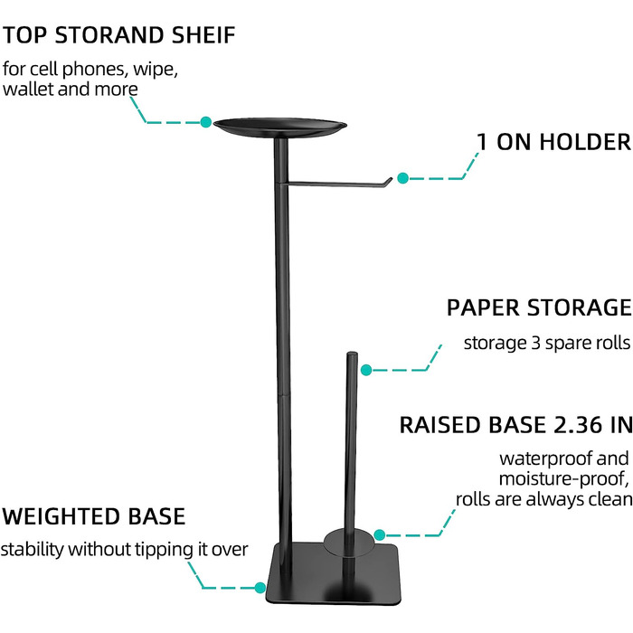 Тримач для туалетного паперу для ванної кімнати, окремо стоїть, диспенсер для туалетного паперу, 4 запасних рулону, з підставкою для мобільних телефонів, серветок для чищення, гаманця і багато чого іншого (чорний )