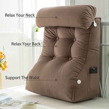 Подушка для читання COYEUX, велика подушка для ліжка з кишенею, спинка для телевізора, клиновидна подушка з підтримкою шиї, для сидіння в ліжку, на дивані або на підлозі (з підголовником) сіро-блакитна, ширина 55 см (з підголовником)