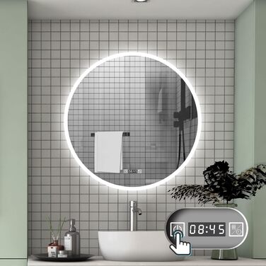 Круглий LED дзеркало для ванної кімнати 70 см з підсвіткою, сенсорне керування, протизапітніння, Alpha Series, холодне біле світло