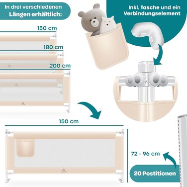Захисний бортик для ліжка KESSER® 150 см, сітчастий, складаний та регульований по висоті, захист від випадання для дітей та немовлят, бежевий