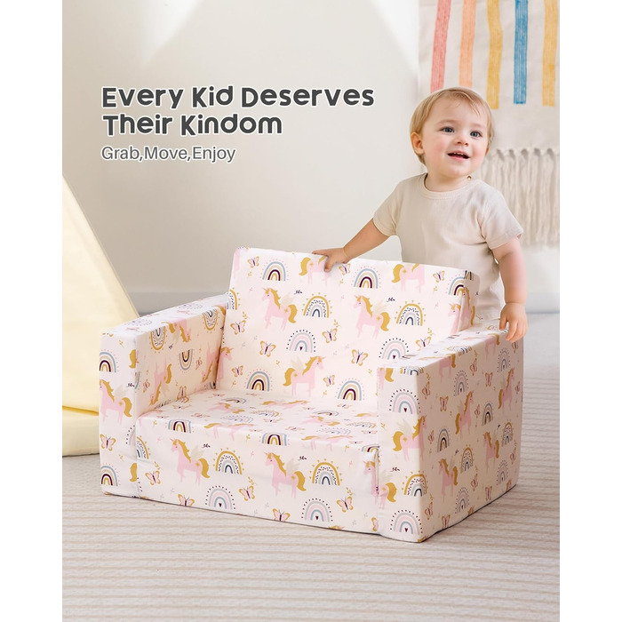 Дитяче розкладне диван-крісло BEJOY 2 в 1, Sherpa, з єдинорогом, бежевий, для дитячої кімнати, подарунок на день народження