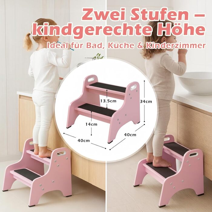 Дерев'яний дитячий стільчик Tritthocker з 2 сходинками, неслизький, для ванної та кухні, скандинавський дизайн, колір: натуральний (рожевий)