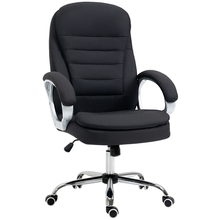 Офісний крісло, ергономічне крісло для роботи, крісло для комп'ютера, поворотне крісло на 360°, з функцією гойдання, регульована висота, чорний колір, оббивка з льону, розміри 64 x 75 x 111-121 см