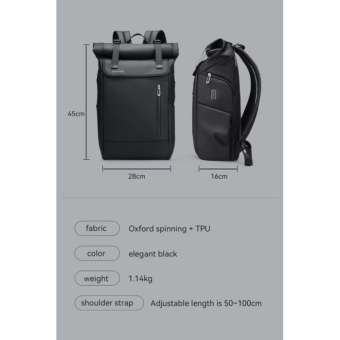 Рюкзак Rolltop чоловічий, водонепроникний, 20L-29L, для ноутбука 17.3', з USB, чорний, для жінок і чоловіків