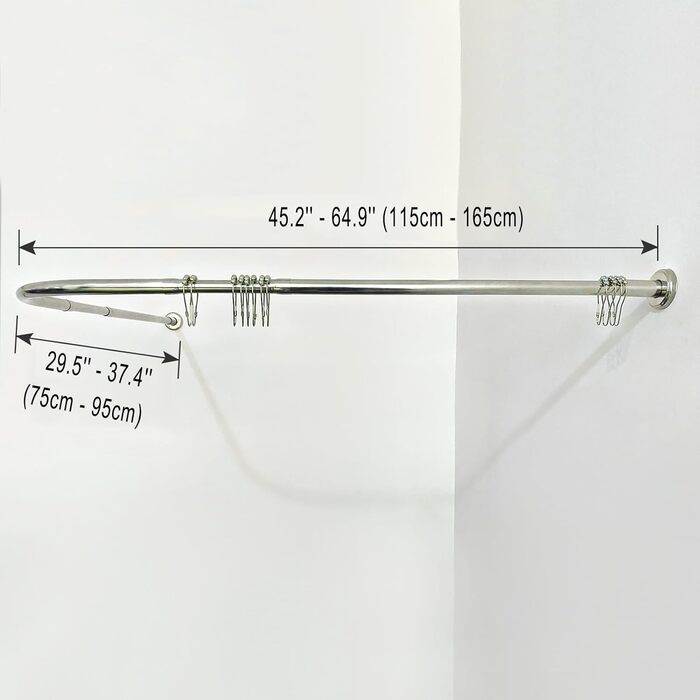 Карниз для душової кабіни L-подібної форми, кутова душова штанга для ванної кімнати, регульований свердлильний душовий карниз для ванної кімнати/ванни (75-95x115-165 см, нержавіюча сталь)
