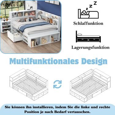 Дитяче ліжко 90x200 з ящиками, полицями та бар'єром, функціональне ліжко з дерева, без матраца, біле