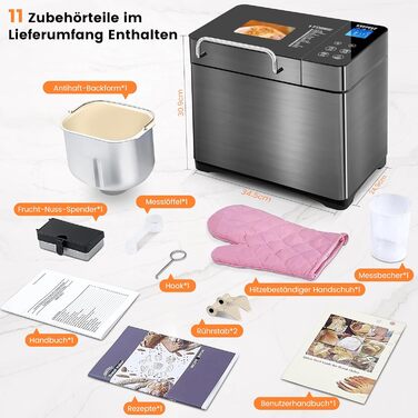 Професійний хлібопекарський автомат з нержавіючої сталі з керамічною формою, сенсорним екраном та двома датчиками температури, 17 програм, дозатор горіхів, 710W, 1 кг, таймер