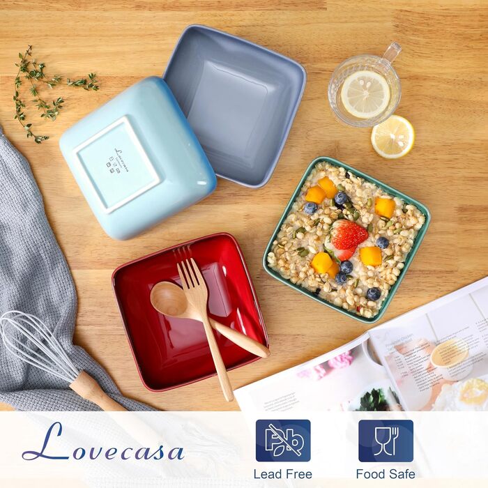 Вечеря LOVECASA, набір з 4 квадратних керамічних мисок, миски з пластівцями, миски для супу, десертна миска, набір мисок для 4 осіб, 800 мл, (барвиста, миска з 4 предметів (800 мл))
