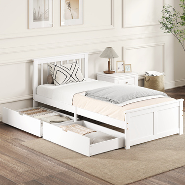 Ліжко одинарне, дерев'яний каркас, ящики на колесах, не потребує ламелей, 90 x 200 см, білий