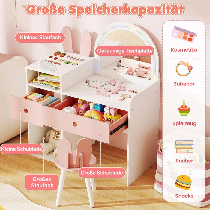 Дитячий туалетний столик COSTWAY з підсвічуванням та табуретом, білий, з 2 шухлядами та аксесуарами для дівчаток від 3 років