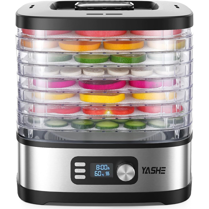Сушарка для продуктів YASHE 8-ярусна, з регулюванням часу та температури до 72 год, з сітчастими вставками, роликом для фруктів та щипцями з нержавіючої сталі для м'яса, фруктів, овочів, трав, без BPA