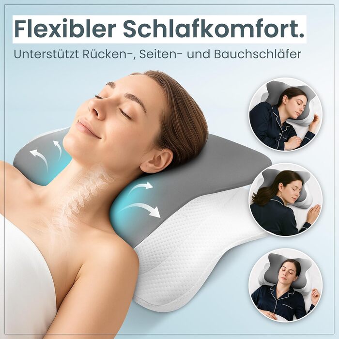 Ортопедична подушка для шиї при болях у шиї з високоякісної піни з пам'яті - Ергономічна подушка для шиї - Подушка для сну на боці, спині та животі - пральний чохол при 40°C Білий (61 x 40 x12, Сірий)
