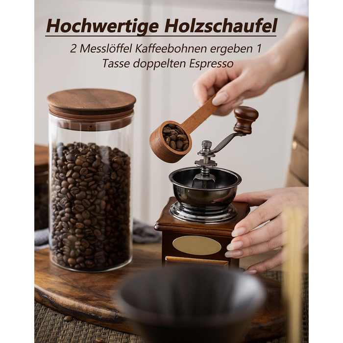 Набір банок для зберігання BOILMERIT з 2 шт. , 1100 мл з дерев'яною лопаткою для кави та борошна, герметичні, 900 г кавових зерен