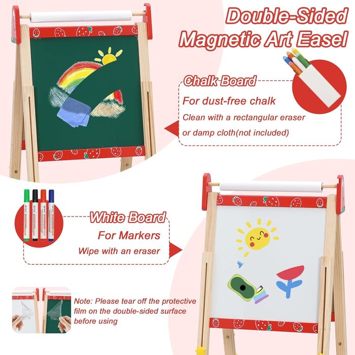Дитяча мольберт Kinder Staffelei 3 в 1: регульована висота, подвійний бік, з рулоном паперу, 100+ аксесуарів для малювання, для дітей 3-8 років (червоний)