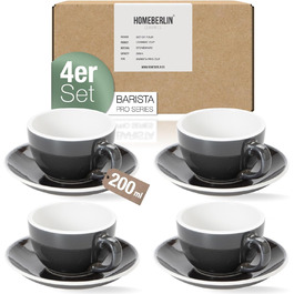 HOMEBERLIN® Barista Pro: Набір кавових чашок капучіно 200мл - Преміум набір з якісного фарфору. 4 сучасні чашки з підставками, ручної роботи, глазуроване сіре покриття