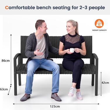 Садова лавка Udpatiо з ротангу для тераси, балкона та саду, чорна 123x63x86 см, витримує до 320 кг