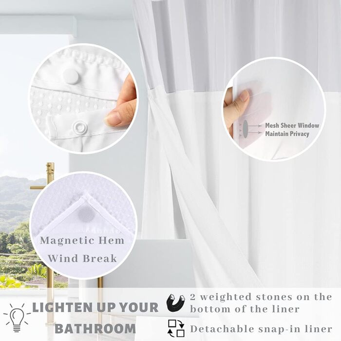 Тканинна шторка для душу з магнітами Snap Liner, біла, 180x200 см