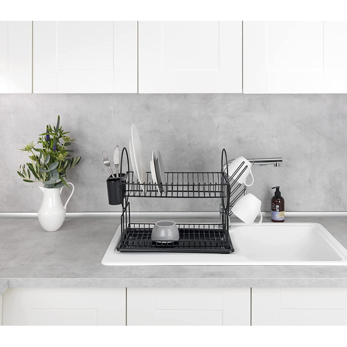 Сушарка для посуду WENKO Premium Duo, талант організатора, підставка для посуду для кухні, сушарка для посуду з ящиком для столових приладів і підставкою для тарілок, 52 x 36 x 24 см, металева, (Чорний / Чорний)