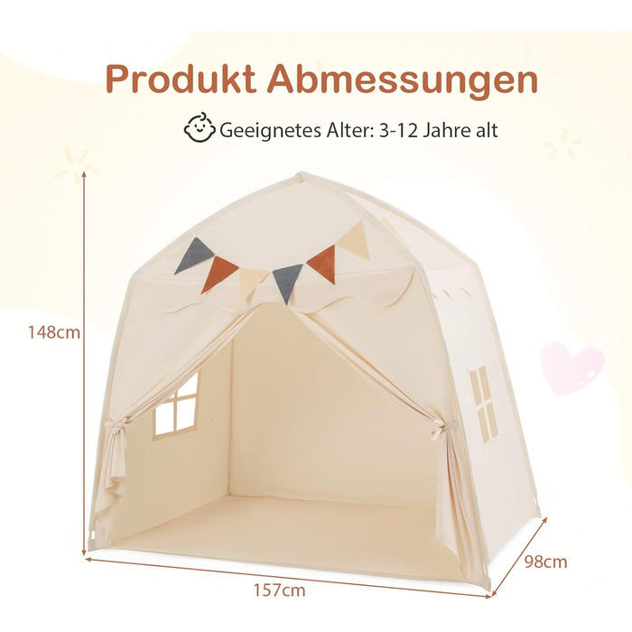 Дитячий ігровий будиночок COSTWAY, намет для дітей з прапорцями та гірляндою, намет принцеси, великий намет для дитячої кімнати для хлопчиків та дівчаток від 3 років, 157 x 98 x 148 см (Бежевий)