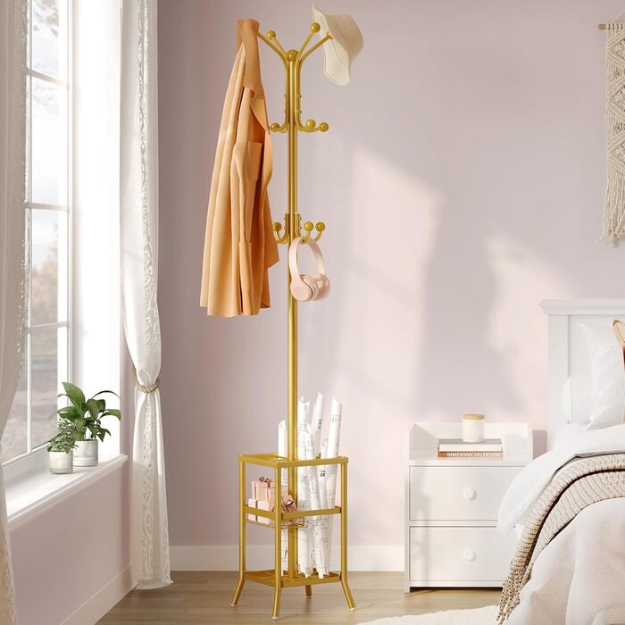 Стійка для одягу FAVOOOSTY з підставкою для парасольки, 12 гачків, для вітальні/спальні, срібло/золото