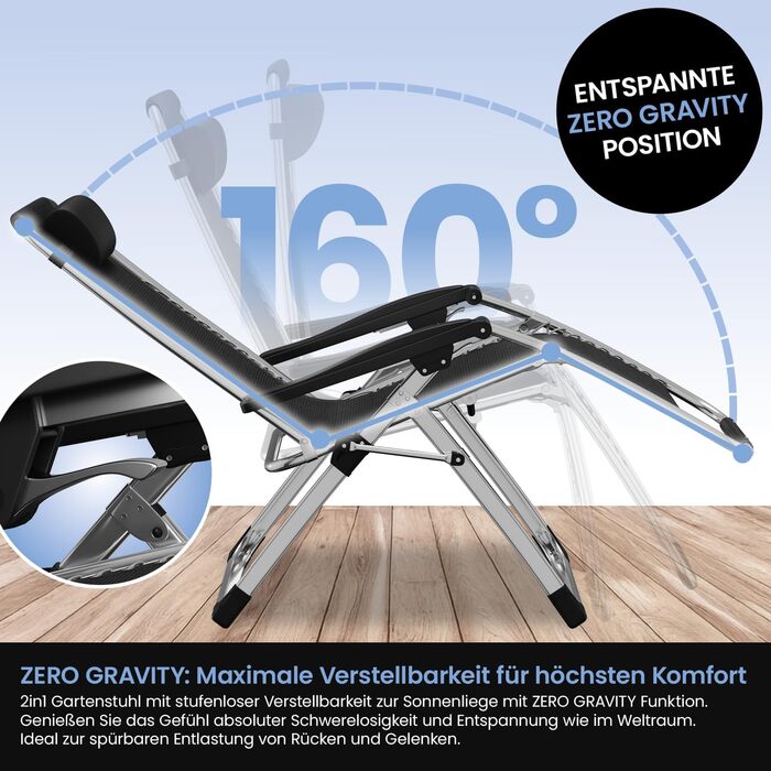 Лежак ELONEO розкладний преміум з подушкою, сонячний лежак для саду, вологостійкий, широка спинка, регульована, з подушкою для шиї та тримачем для напоїв, антрацит