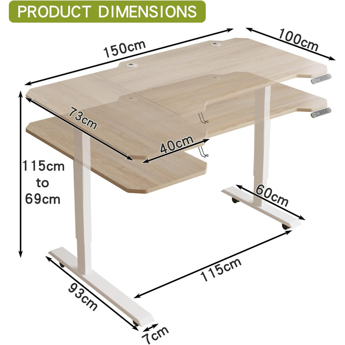 Стіл OCGREEN L-подібний з регулюванням по висоті 150 см, електричний, управління пам'яттю, дуб