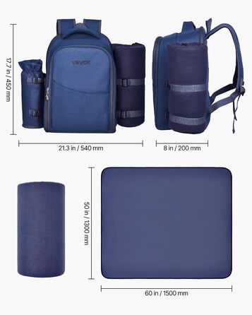 Рюкзак для пікніка VEVOR (20 л) на 2 особи з ізольованим відділенням, тримачем для пляшок/вина, ковдрою та набором посуду для пікніків, походів та кемпінгу, темно-синій