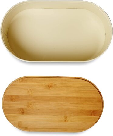 Хлібниця для кухні Lumaland металева Хлібниця з бамбуковою кришкою, Хлібниця прямокутної форми, 30,5 х 23,5 х 14 см (овал 36 х 20 х 13,8 см, бежевий)