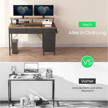 Комп'ютерний стіл Seventable з розетками та LED-підсвіткою, 100 см, геймінговий стіл з 5 висувними ящиками та підставкою для монітора, для офісу, кабінету, спальні, вітальні (Вінтажний коричневий)