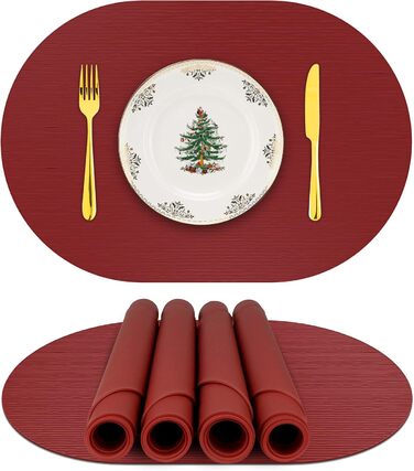 Силиконові серветки на стіл, овальні серветки для обіднього столу, набір 4 шт., неслизькі, водонепроникні, термостійкі, килимки для тераси (вишнево-червоний, овальні)