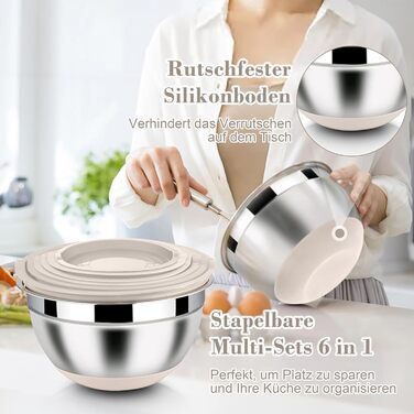 Набір місок Homikit з нержавіючої сталі, 6 шт. з тертками, кришками та силіконовим дном, 4.6/2.8/2.5/1.6/1.2/0.7 л, зелений