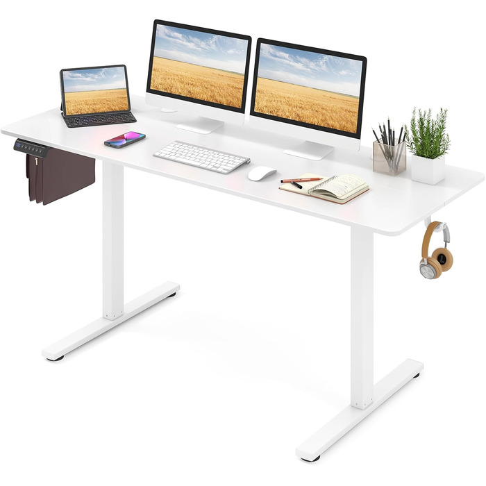 Електричний регульований стіл GYMAX 160x60 см з 3 рівнями пам'яті та системою антиколізії, білий. Комп'ютерний стіл з гачками та отворами для кабелів