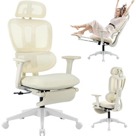 Ергономічне крісло для офісу з підніжкою, висока спинка, 2D-підголівник, відкидні підлокітники, сидіння з губки, сітчастий офісний крісло, крісло для начальника, комп'ютерне крісло для дорослих (кремовий)