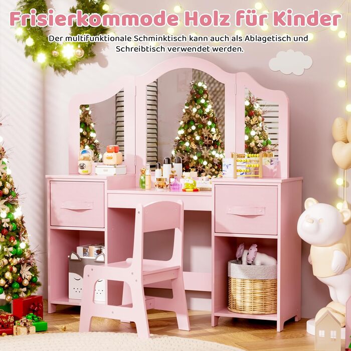 Дитячий туалетний столик MAMIZO 2 в 1 з дзеркалом та стільчиком, рожевий, з 2 висувними ящиками