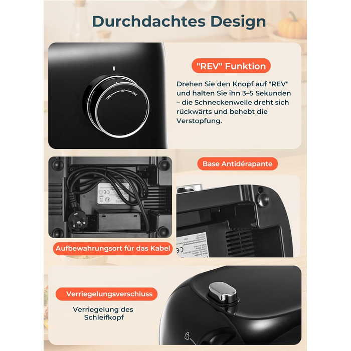 М'ясорубка електрична Fohere 2000 Вт з насадками для ковбас та кубів, 3 диски (3/5/7 мм), чорна