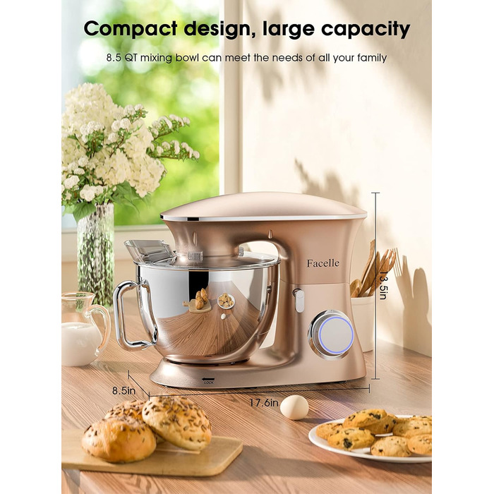 Кухонна машина-міксер Facelle 2000W з чашею 8,5L (6+ швидкостей) для випічки, тіста, міксування, з набором насадок (снігобій, гак для тіста, вінчик) та захистом від бризок, колір Champagne