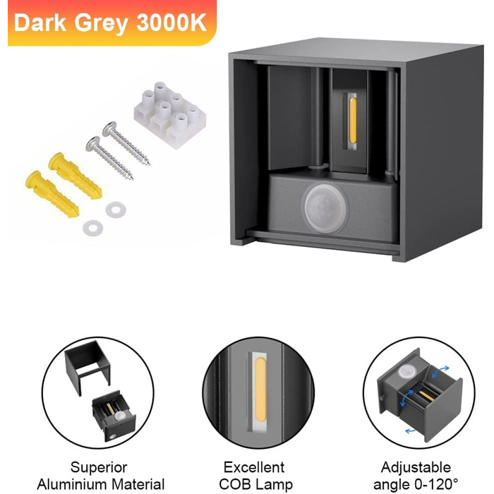 Klighten Вологостійкий вуличний світильник з датчиком руху 12W, IP65, 3000K, тепле біле світло, для внутрішнього та зовнішнього використання, регульований світловий потік, колір - темно-сірий