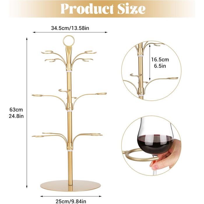 Стійка для коктейлів та келихів YCWF, 3 яруси, 12 келихів, золота. Ідеально для вечірок та святкування. Підходить для шампанського, коктейлів, маргарити та мартини.