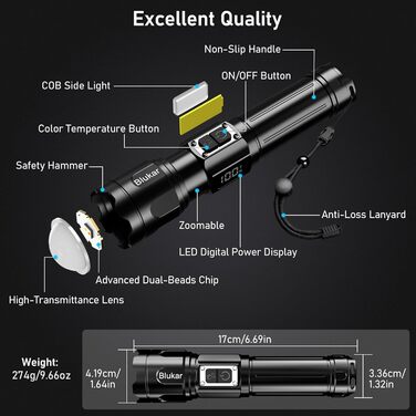 Ліхтар Blukar LED з двома температурами світла, бічним COB-підсвічуванням, регулюванням яскравості та зумом, акумуляторний, водонепроникний, 7 режимів, чорний