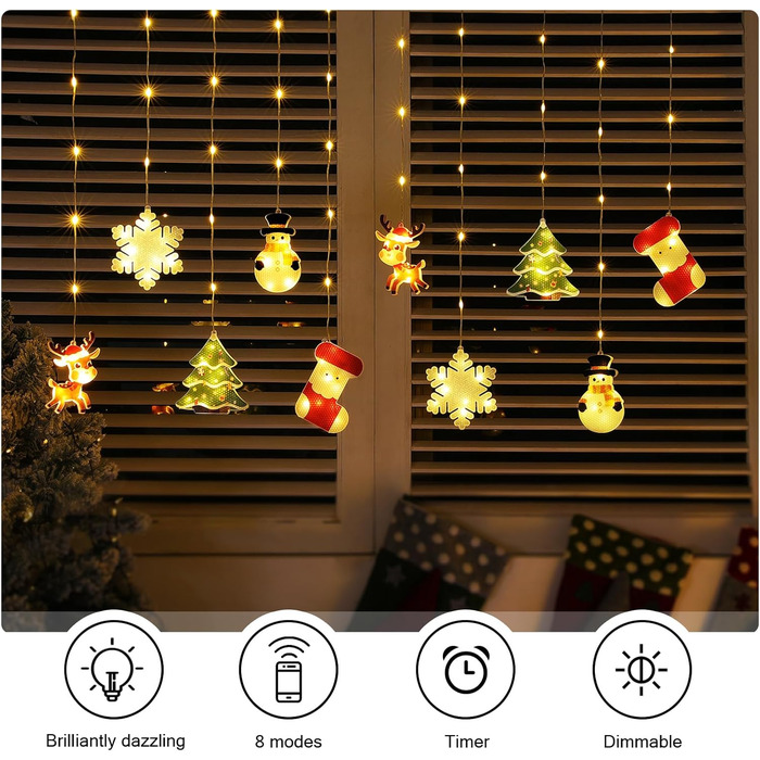 Льоново-новорічна світлодіодна штора-гірлянда Bloomwin з 3D-мотивами, 120 LED, 8 режимів, USB, тепле біле світло, для прикраси вікон та інтер'єру