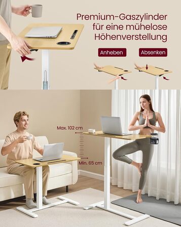 Приставний столик VASAGLE на колесах, мобільний, з великою стільницею, регульована висота, 2 тримачі для напоїв, слот для телефону/планшету, LSD600W01 (80x45 см, горіх золотистий)