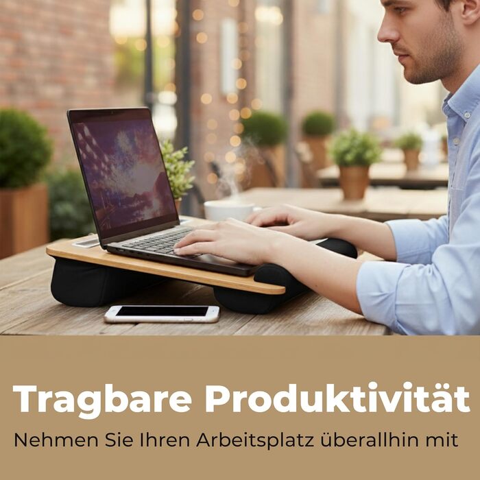 Підставка для ноутбука в ліжко та диван – з подушкою, тримачем для телефону та підкладкою для зап'ястя – підходить для ноутбуків до 17' – легка та комфортна для офісу, навчання та відпочинку (Сірий, Чорний)