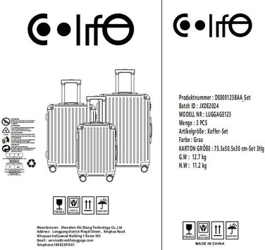 Набір чохлів COOLIFE жорстка оболонка, замок TSA, телескопічна ручка, 4 колеса, ABS, сірий