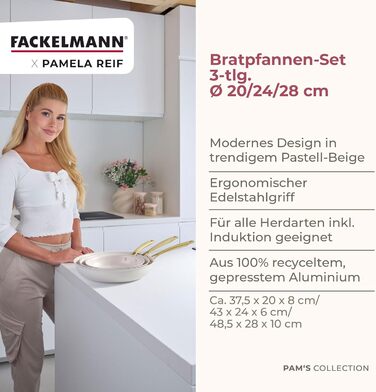 Набір сковорідок Fackelmann x Pamela Reif 3 шт. (20, 24, 28 см) – з переробленого алюмінію, бежевий, керамічне покриття без PFAS, стійке до 160°C, для всіх типів плит