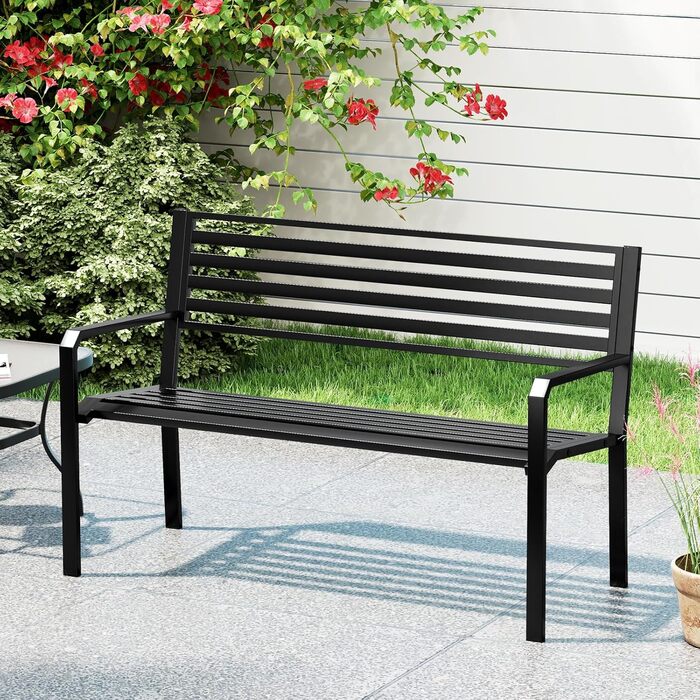 Металева лавка для саду COSTWAY: міцна, вологостійка, на 2 особи з підлокітниками та спинкою. Максимальне навантаження 300 кг. Ідеально для саду, тераси, балкону (127x56x82 см)